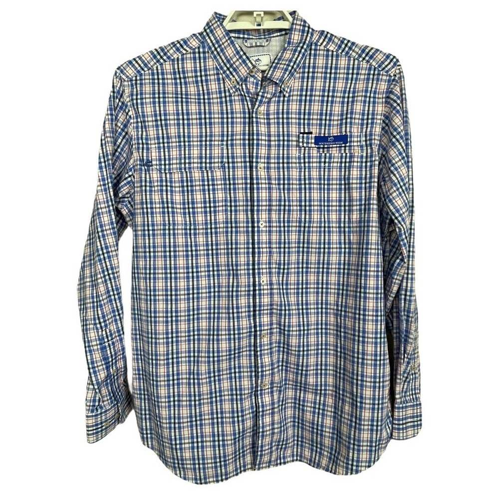 Southern Tide Fishing Shirt Mens L Blue Plaid Performance Long Sleeve Vent Back